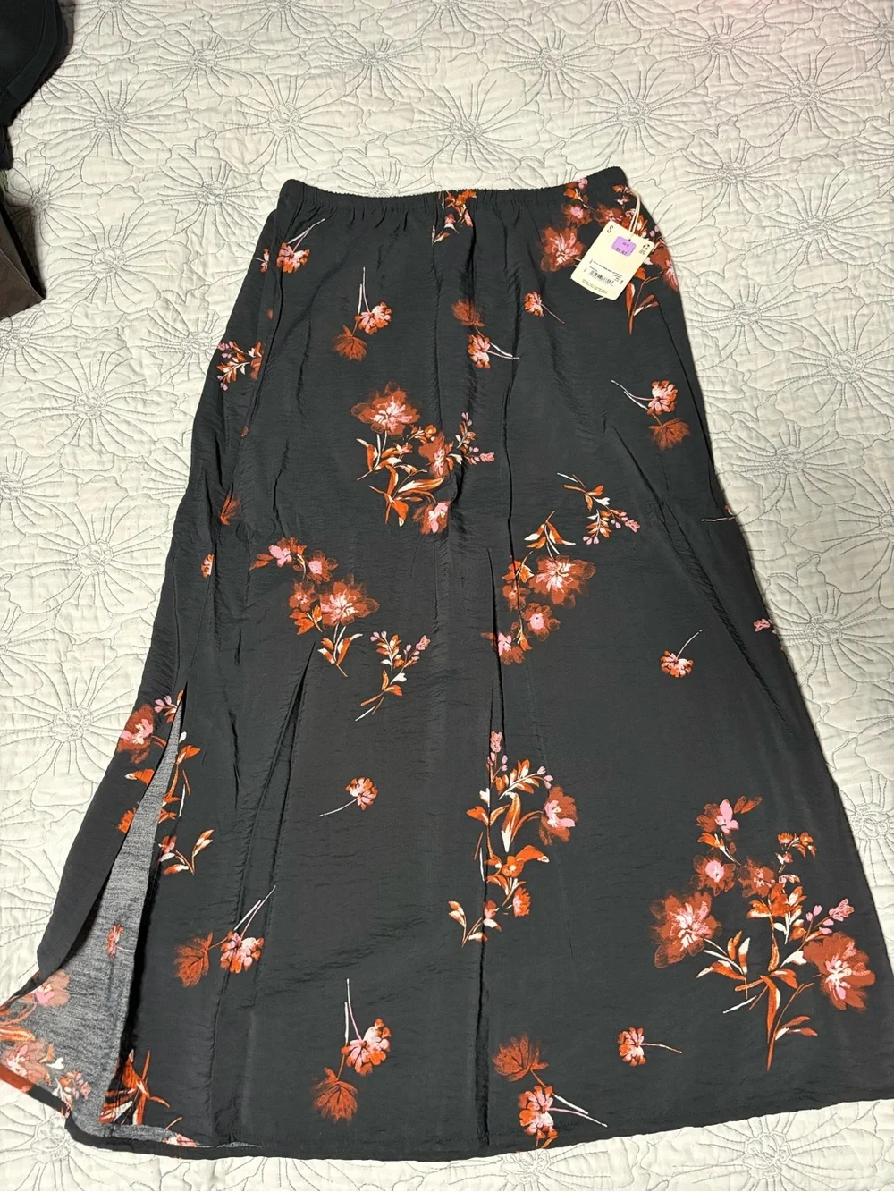 Black Floral Maxi Skirt with Orange Pink Blooms